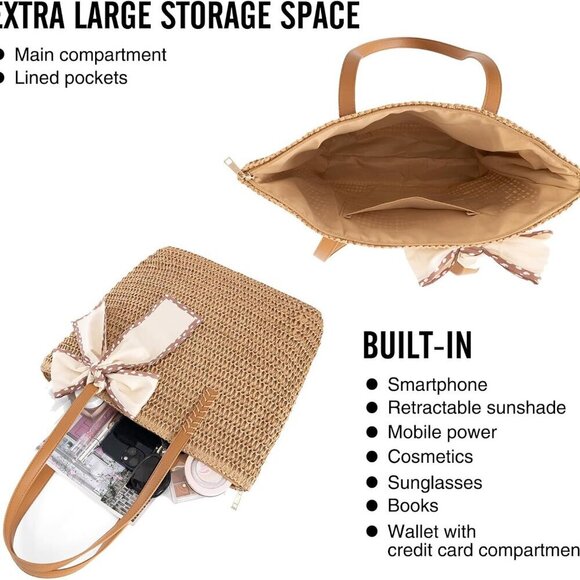 Women's Straw Beach Tote Large Lightweight Summer Purse Travel Work - Picture 4 of 9